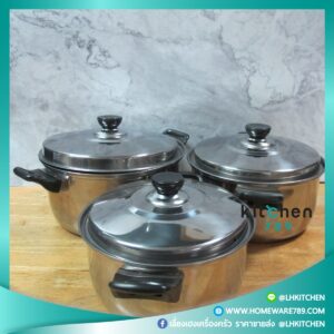 หม้อสแตนเลสสองหู หม้อต้มสแตนเลส หม้อหูหิ้วสแตนเลส ตราไก่ 1ชุด 3ใบ ขนาด 22-24-26 ซม