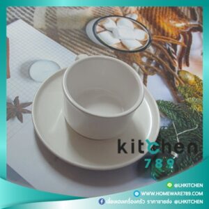 ชุดกาแฟเมลามีน ชุดถ้วยกาแฟพร้อมจานรองแก้วเมลามีน สีครีมขาว(แพ็ค 6 ชุด)
